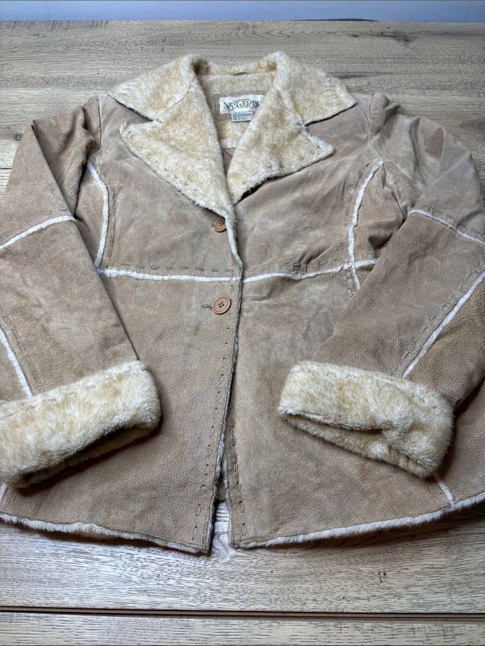 New York Classics Vintage Suede Leather Jacket with Faux Fur Accents Size M